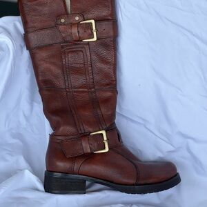 Miz Mooz Brown Leather Boots with Gold Buckles, Sherpa Lining